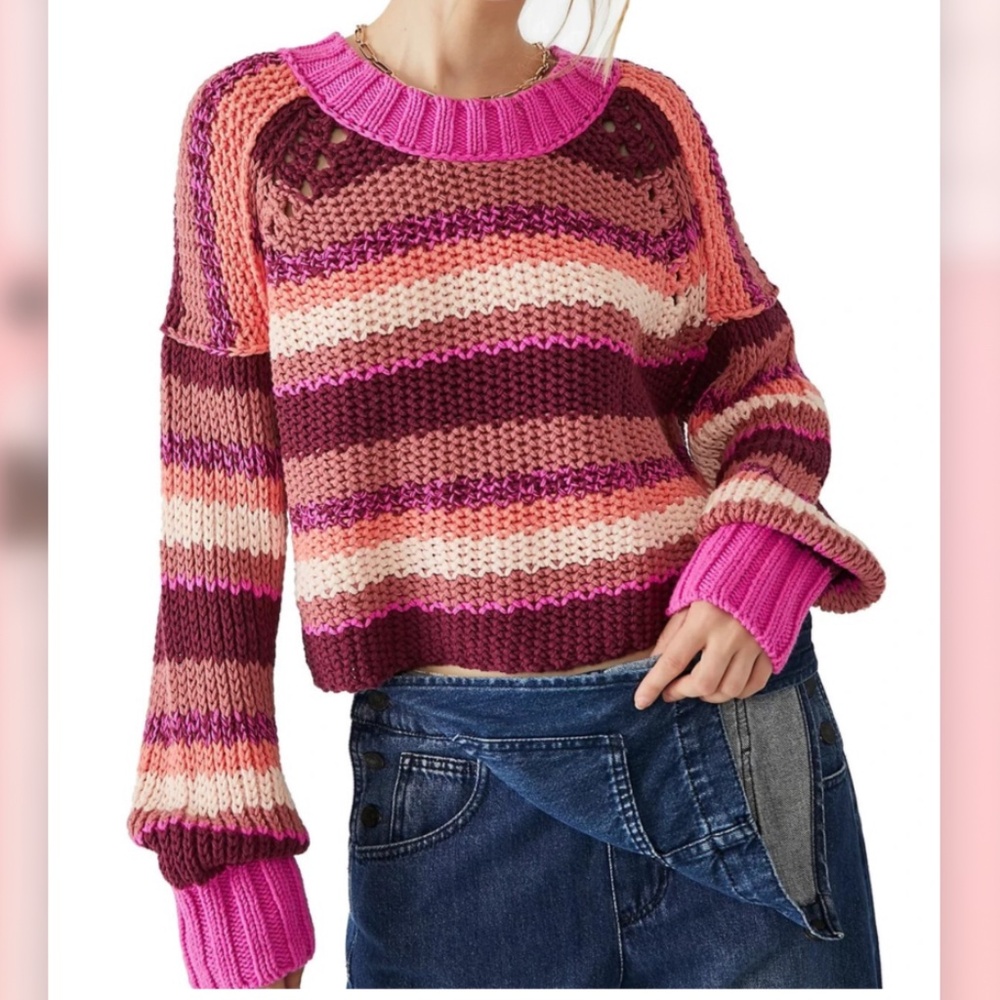 Free People Devon Sweater Fuschia Rose Combo Size S NWOT